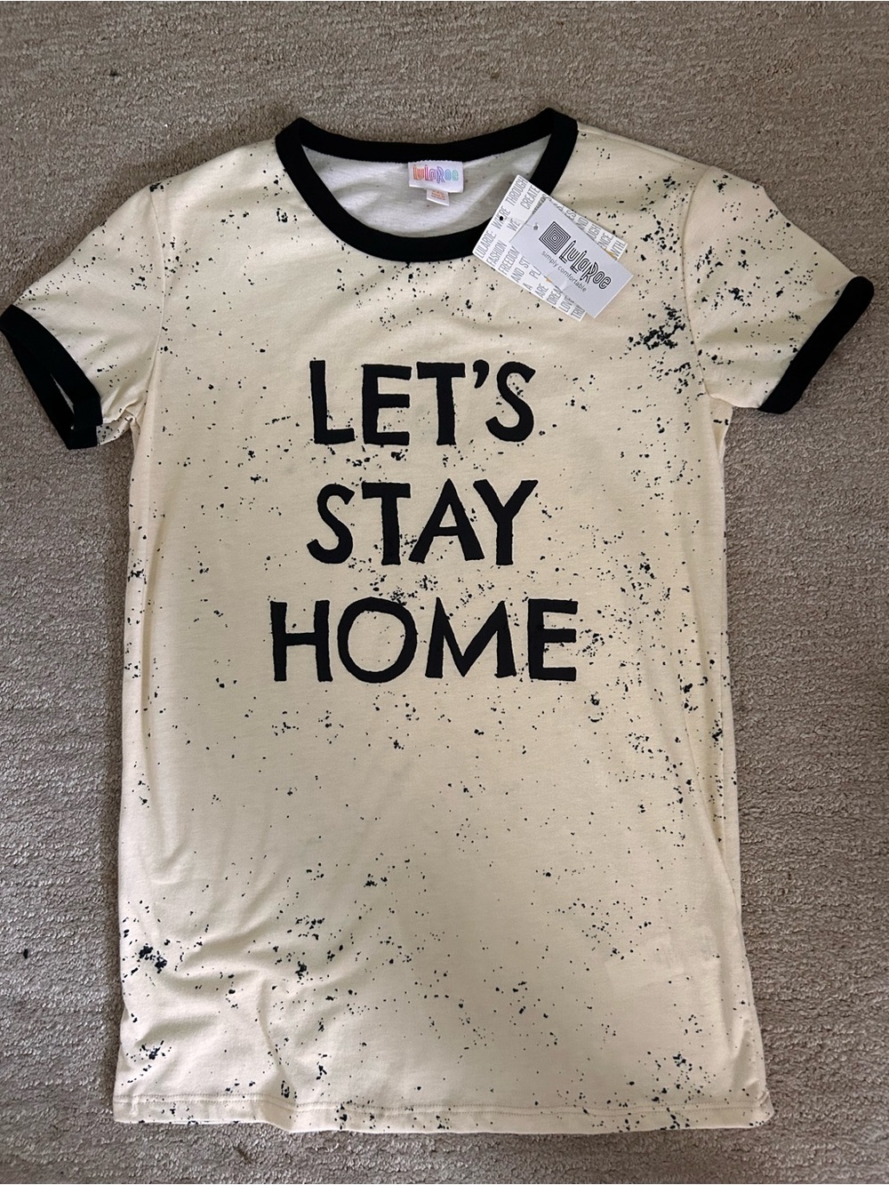 LuLaRoe Cream "LET'S STAY HOME" Short Sleeve Tee with Black Trim